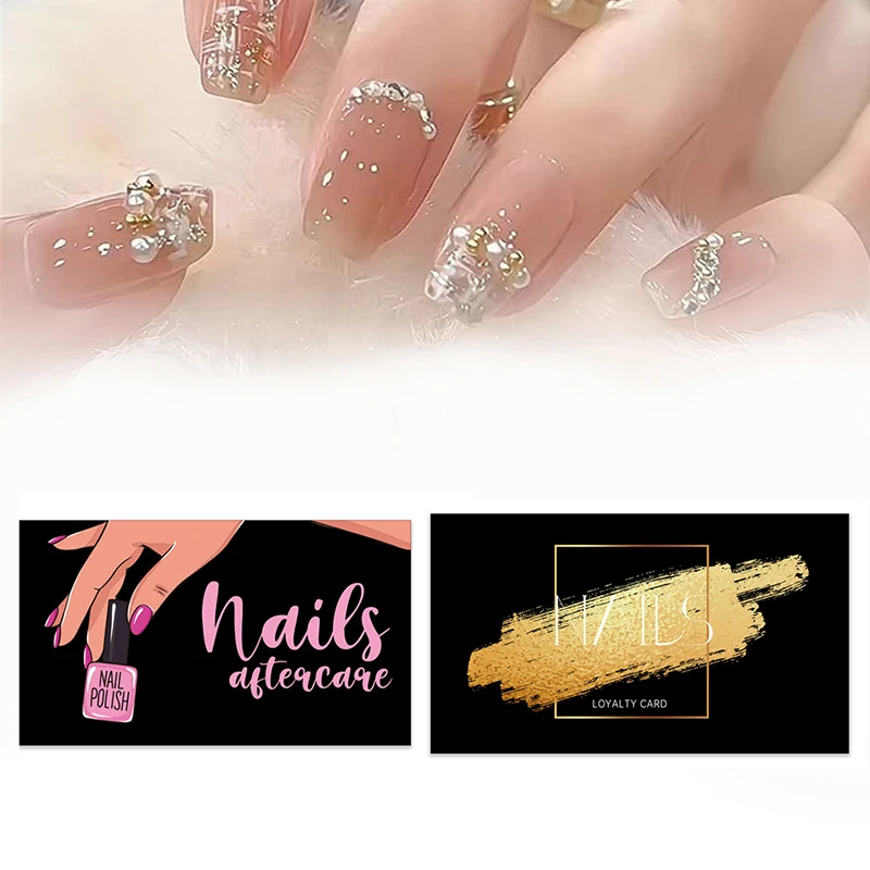 50 cartões feitos à mão dos cuidados posteriores da arte do prego dos pces-imprensa-on do prego, cartões pretos do desconto do negócio & da fidelidade, cartões da arte do prego da placa de papel