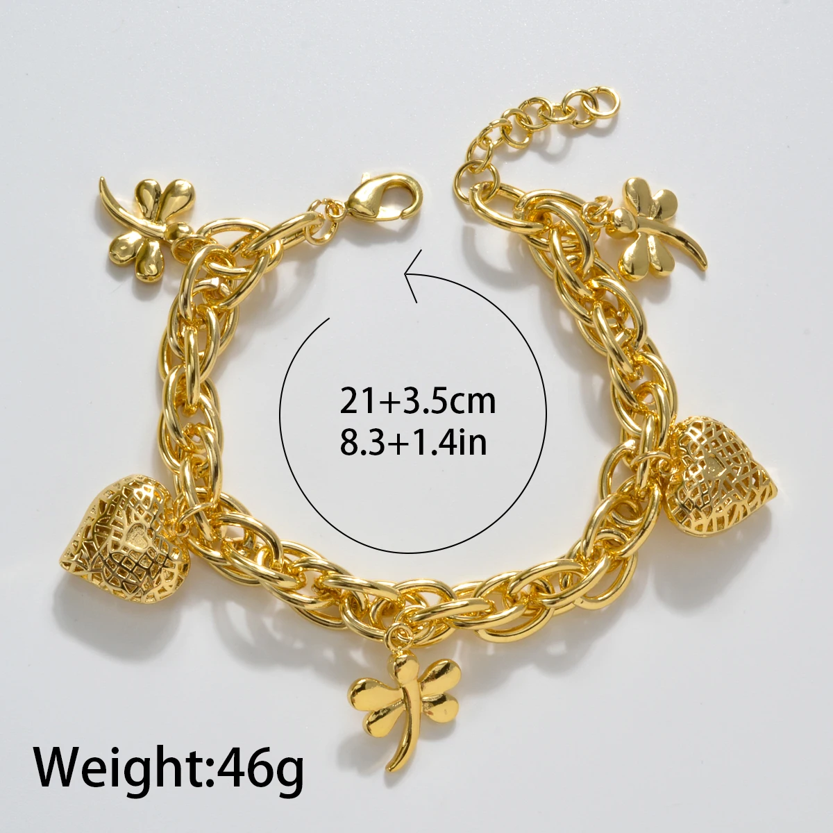 Dubai 18K Gold Color Link Hand Chain Copper Heart Charms Bracelet For Women Lover Fine Jewelry Anniversary Gifts