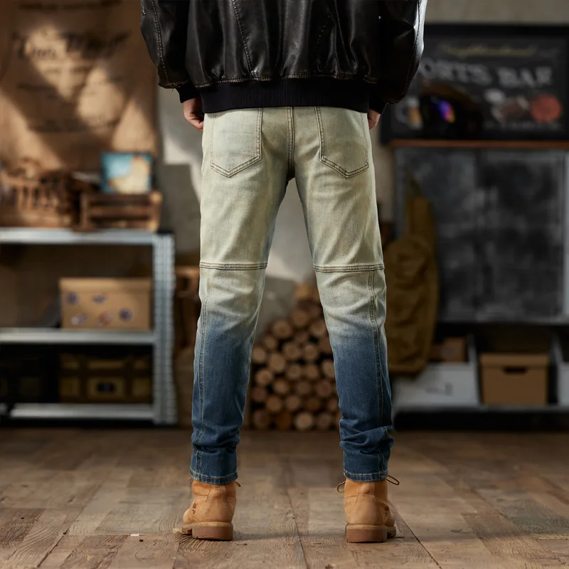 خمر الجينز العصرية للدراجات النارية الرجال، العصرية المرقعة كتلة اللون الراقية السراويل نحيل الموضة