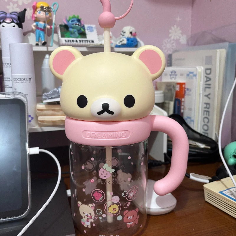 1050Ml Rilakkuma Cartoon Straw Glass Cup  Large Capacity With Handle Portable Drinking Bottle For Office Outdoor Women Gift