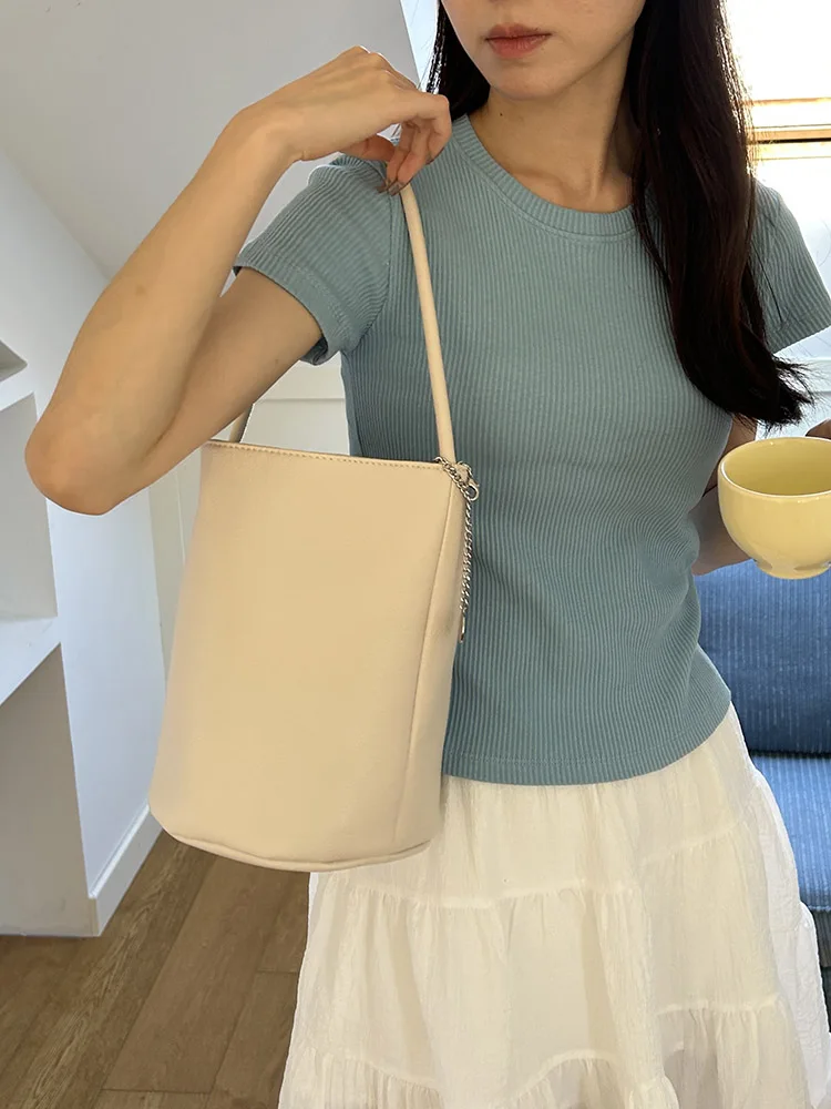 Retro Women's Bucket Shoulder Bag Soft PU Leather Female Underarm Bags Solid Colour Ladies Small Tote Purse Commute Handbags