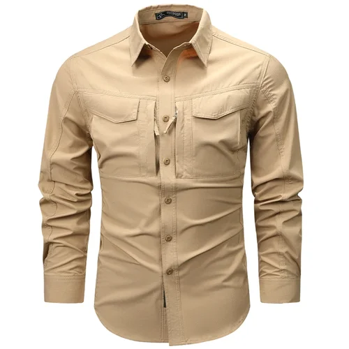 Imagen 2 del producto Camisa de manga larga para hombre, camisas de trabajo tácticas, Tops para exteriores con múltiples bolsillos, secado rápido, senderismo, pesca, camisas de carga, primavera y otoño
