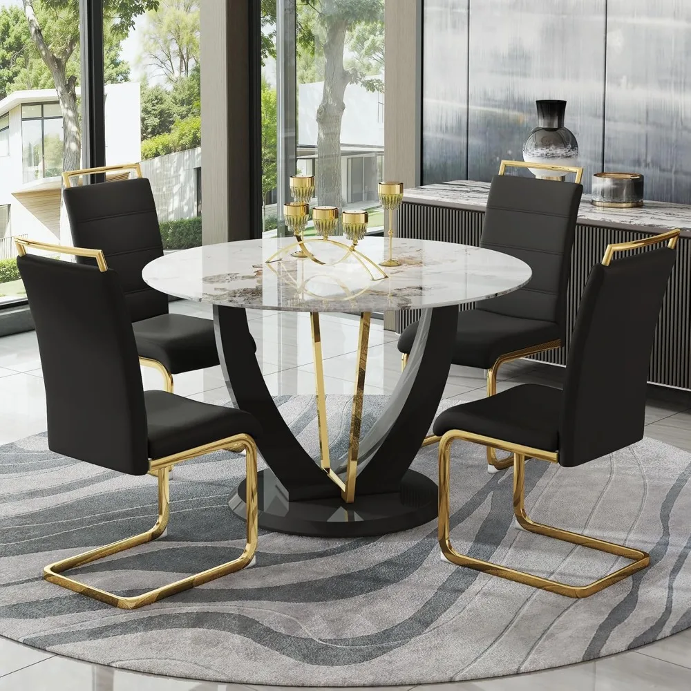 

4 sets of 48 inch round dining tables with artificial marble tabletop and 4 cushioned chairs, modern kitchen table and chairs