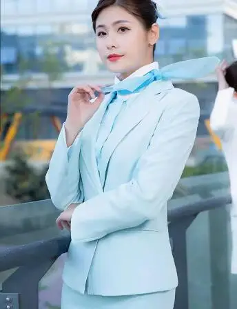 Korean Flight Attendant Uniform Airline Stewardess Women Blue