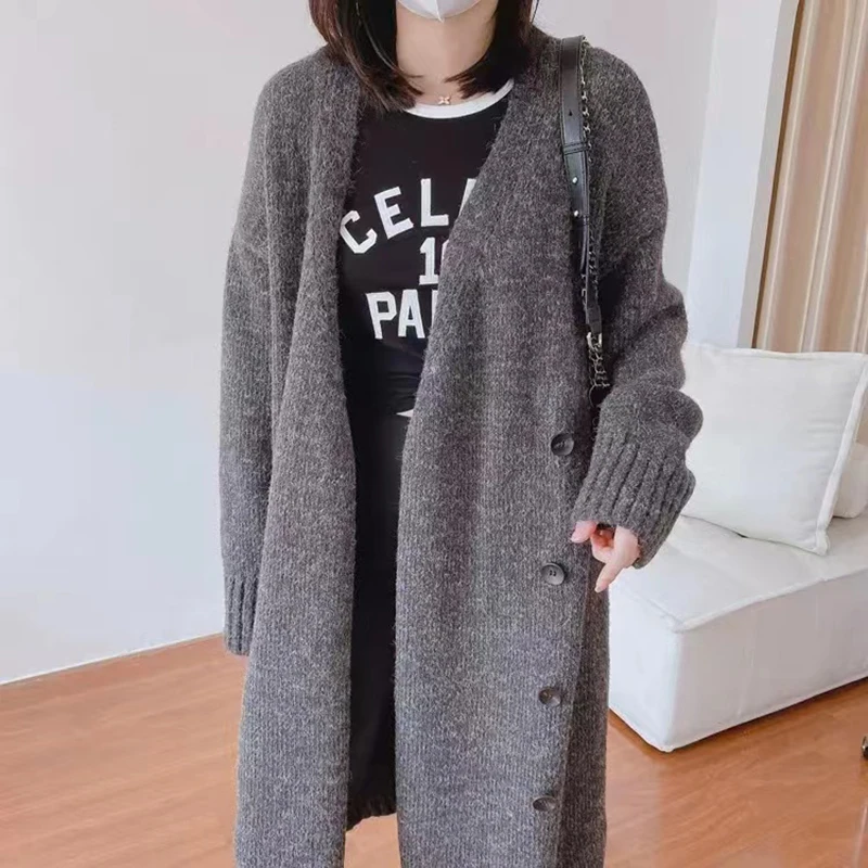 V-neck Long Sleeved Sweater Knit Cardigan Long Coat Casual Solid High Street Autumn Winter Diagonal Buckle Warm Women Clothing