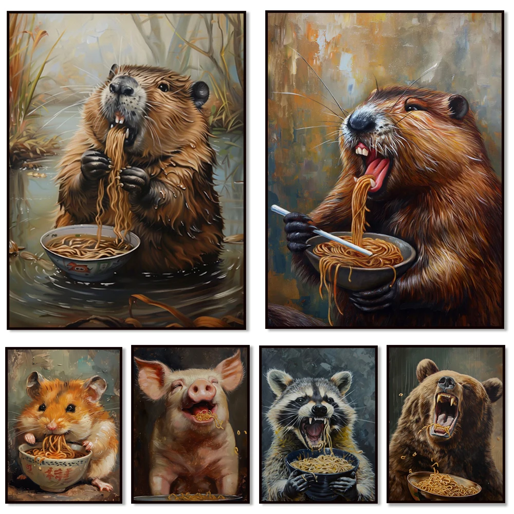 Divertido póster de cerdo, mapache, hámster y castor comiendo ramen, pintura en lienzo de animales para decoración del hogar y la cocina