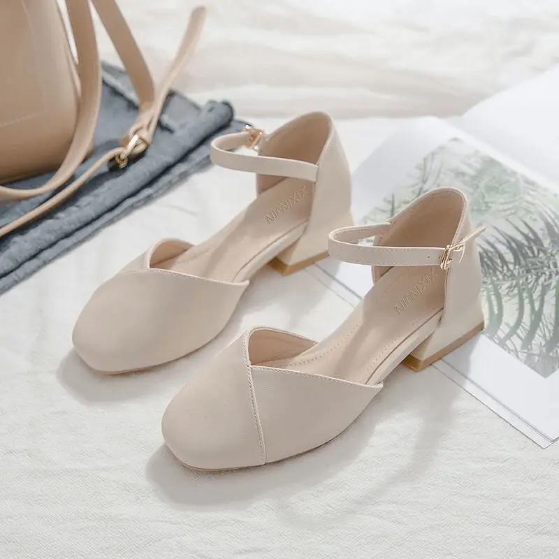 Summer 2024 Women\'s Shoes Pearl Square Heels for Office Work Medium Sandals Woman Footwear H on Offer Designer Luxury Original