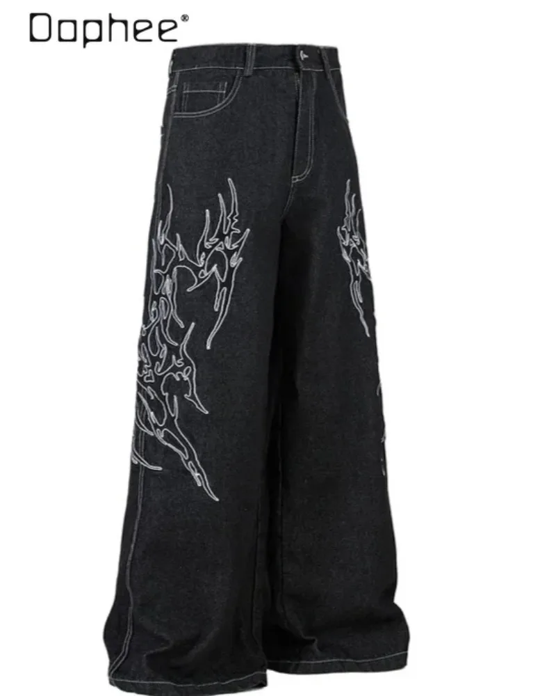 2026 Summer American Fashion Streetwear Trendy Men's Jeans Embroidered Loose Wide-Leg Floor-Length Denim Trousers Pants for Men