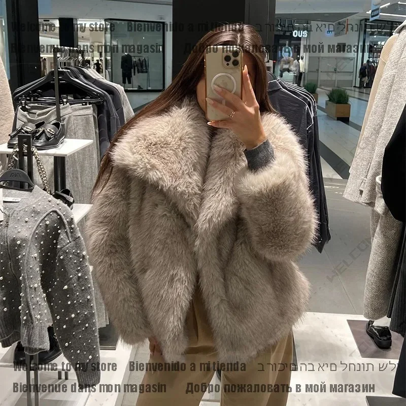 Winter New Fashion Gradient Fluffy Fur Coat Women High Street Luxury Big Fur Collar Faux Fox Fur Jacket Female Overcoats