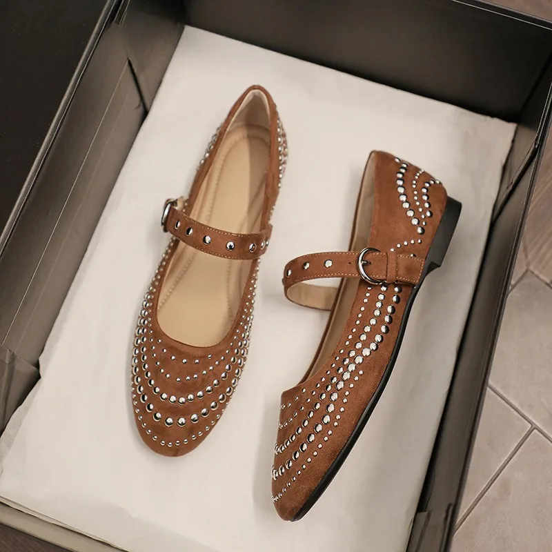 Chaussures Plates Rétro à Rivets pour Femme, Chaussures Simples à Essence, Décontractées, Tête Ronde, Concis, 34-43, Nouveau, CommConsul03