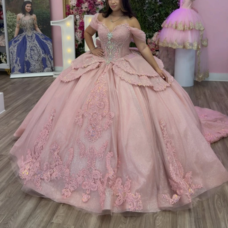 Pink Glitter Quinceanera Dresses Off Shoulder Ball Gown Sweet 16 Dress Applique Lace Bow Beads Tull Corset Party Birthday Vestid