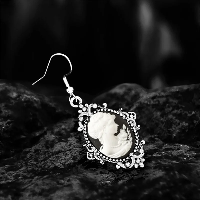 6 Colors Vintage Lady Queen Cameo Dangle Earrings For Women Antqiue Silver Plated Stainless Steel Hook Flower Pendant Earring