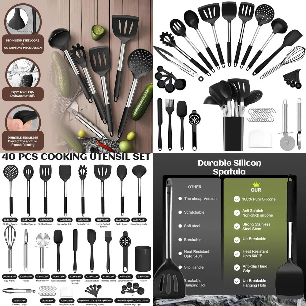 

Набор силиконовых кухонных принадлежностей из 40 предметов с черной нержавеющей сталью, термостойкий до 446 ° F, Можно мыть в посудомоечной машине