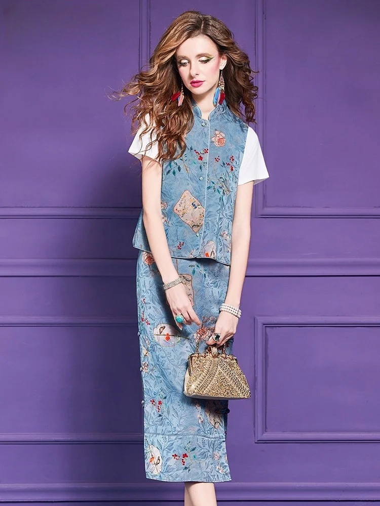 Embroidered new Chinese-style traditional Chinese style set for women light button-up top and skirt two-piece
