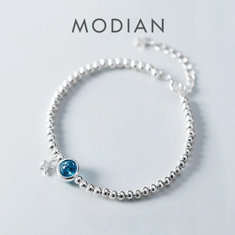 

Женский Регулируемый браслет Modian из стерлингового серебра 925 пробы, классический браслет с маленьким шариком и звездой из кристаллов, изящная бижутерия
