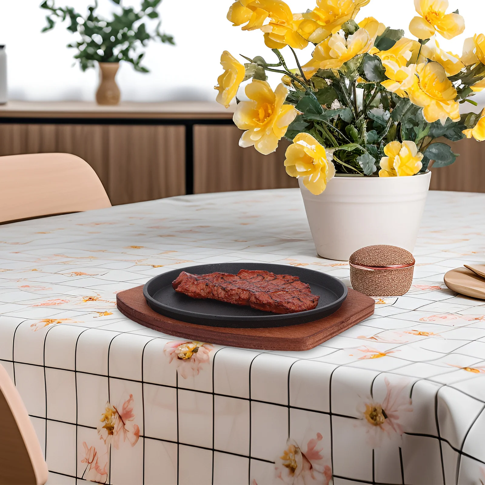 

19CM Round Non Stick Stovetop Grill Pan BBQ Steak Plate for Induction Cooker with Elegant Wooden Base Cooking Tool