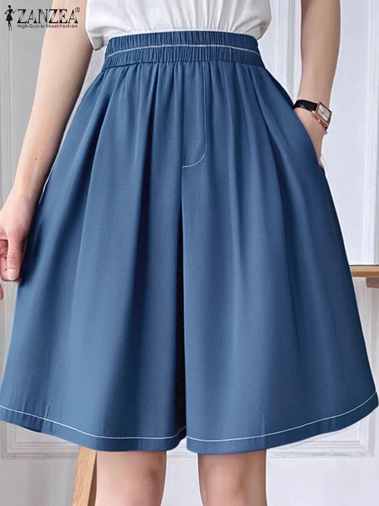 

2025 ZANZEA Women Fashion Shorts High Waist Short Pants Summer Elastic Waist Pantalons Pockets Loose Casual Solid Wide Leg Pants