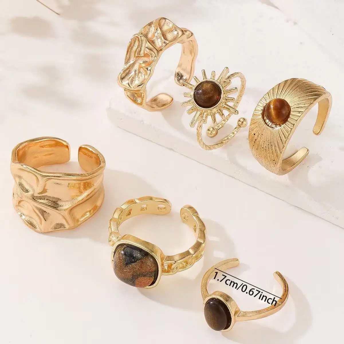 6pcs Sunflower Tiger Eye Stone Ring Set for Women Vintage Irregular Gold Color Aesthetic Open Rings Fashion Party Jewelry Gifts - view 3
