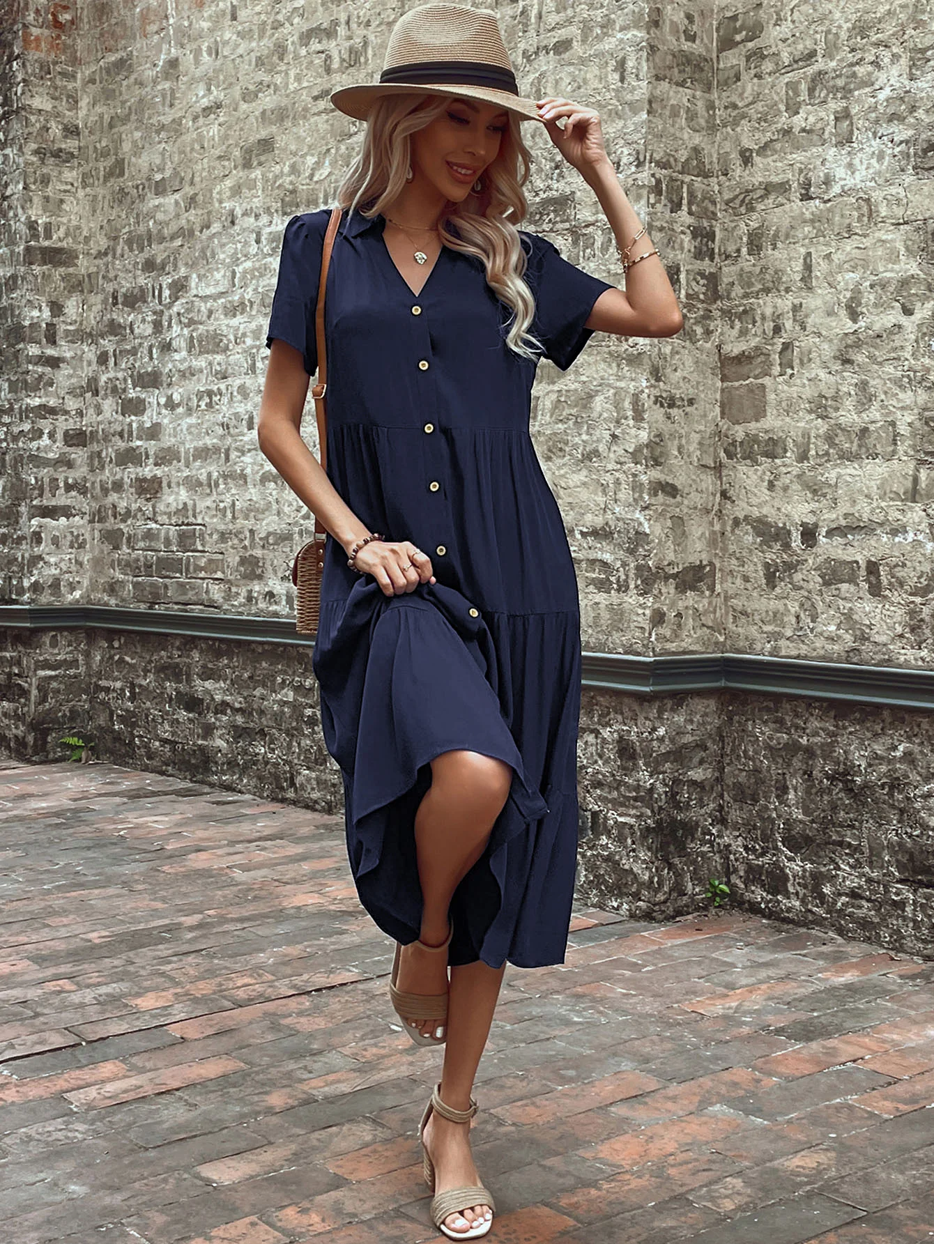 Summer Women\'s V-neck Dress Fashion Layered Button Short sleeved Shirt 2024 Casual Beach Vacation Classic New Style Dresses