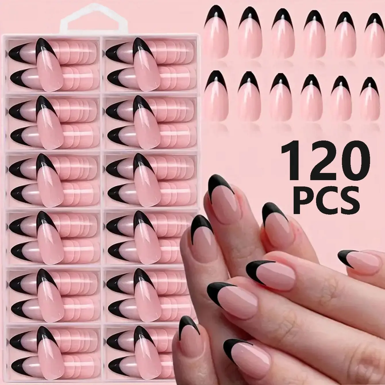 

120PCS/Box Black Almond French Pointed Nail Smooth Nail, Fully Covered Acrylic Nail, Professional Salon And Diy Nail
