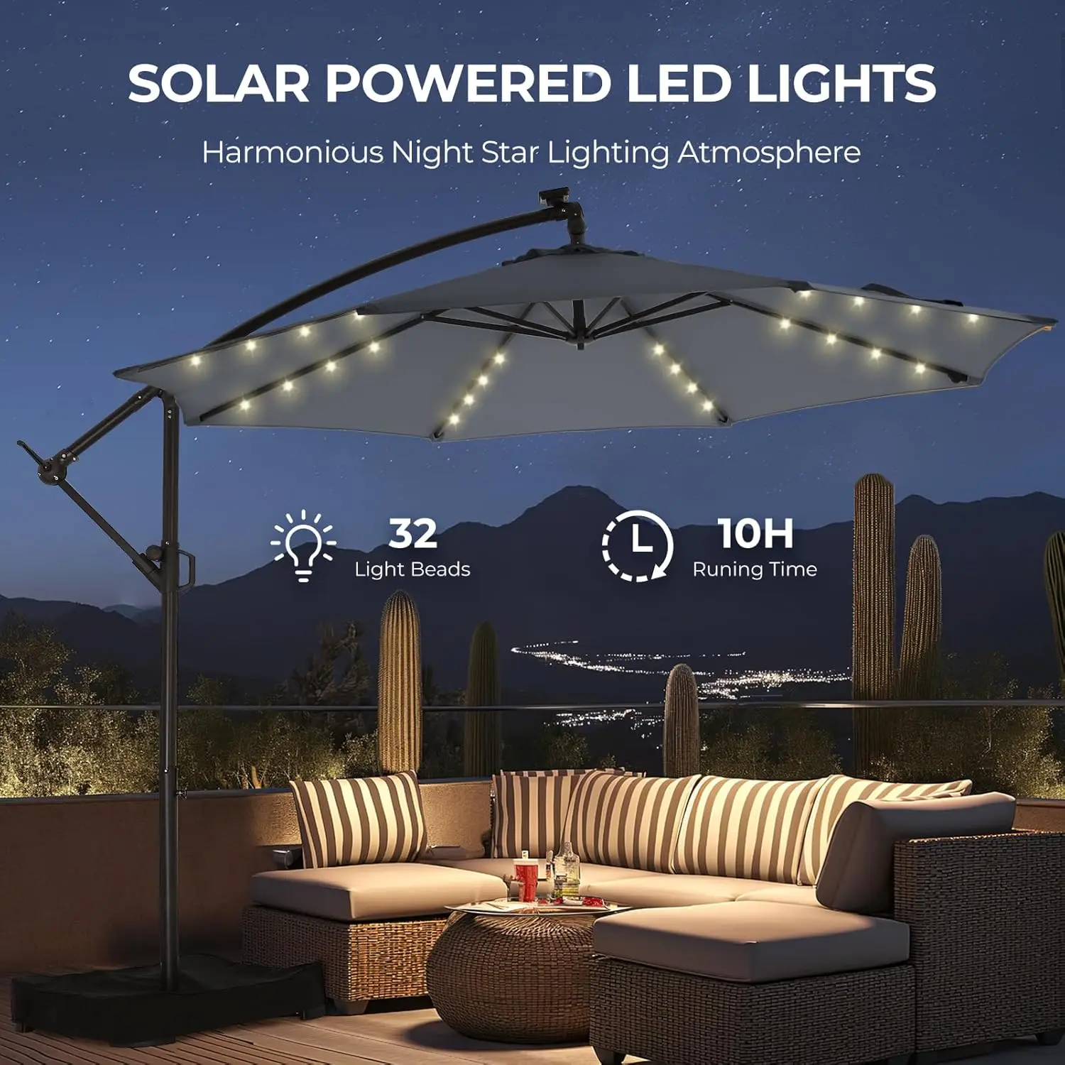 10ft Solar Lights Offset Cantilever Patio Umbrella - w/Light and Base, LED Lighted Offset Hanging Patio Outdoor Market Umbrella