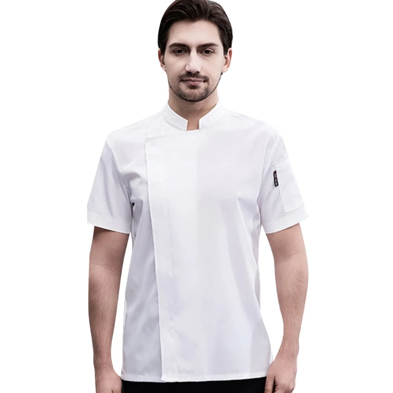 Mens Lightweight Short Sleeve Chef Coat Button Closure Breathable Mesh Kitchen Restaurant Uniform Jackets with Pocket