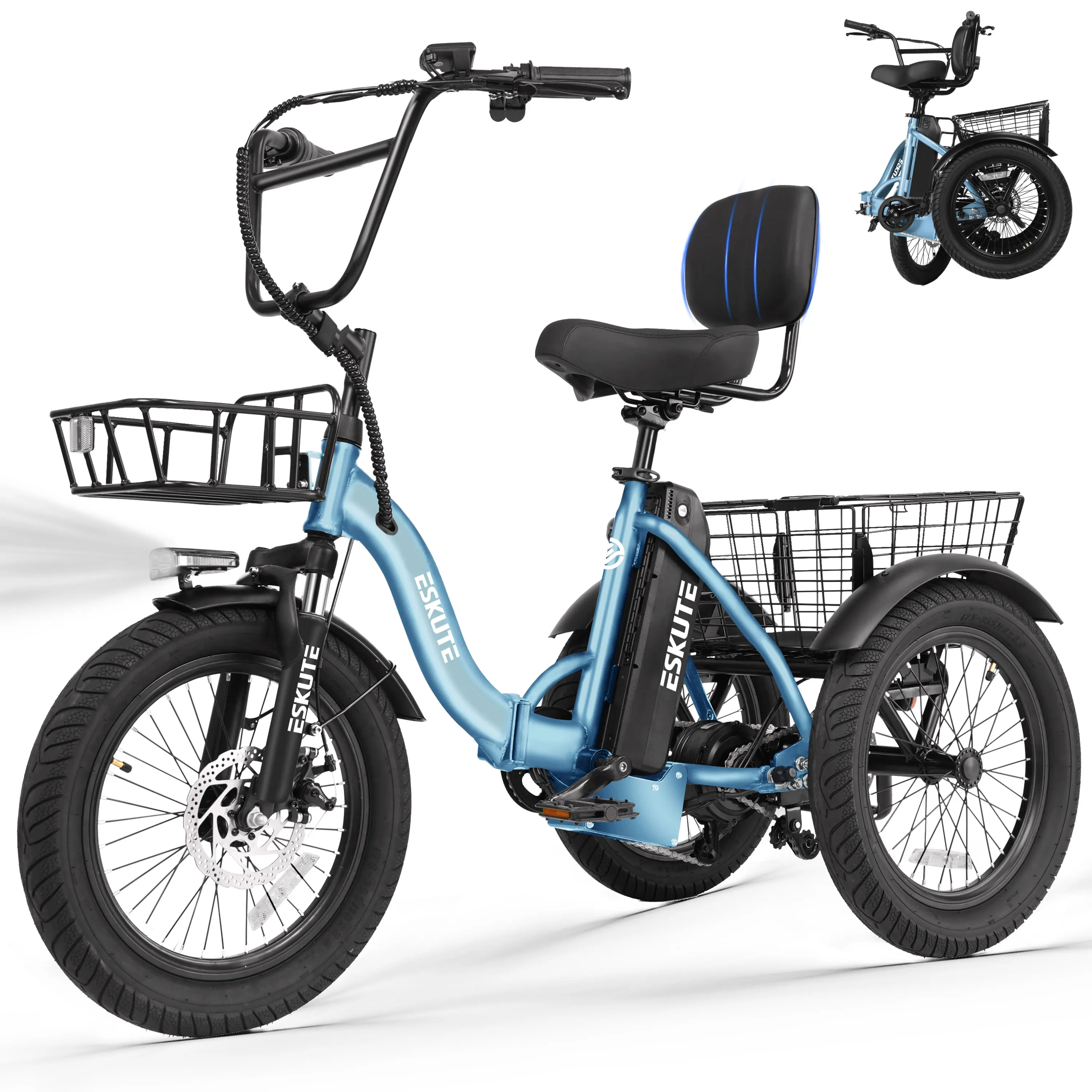 ESKUTE T300 E Trike Electric Bike, Peak Brushless Motor Folding Trike 18X3.0 Fat Tire Ebike, 624Wh Removable Battery, Step-Thru 3 Wheel Electric Bicycle, Up to 65 Miles, 18MPH+ Tricycle for Adults image 2
