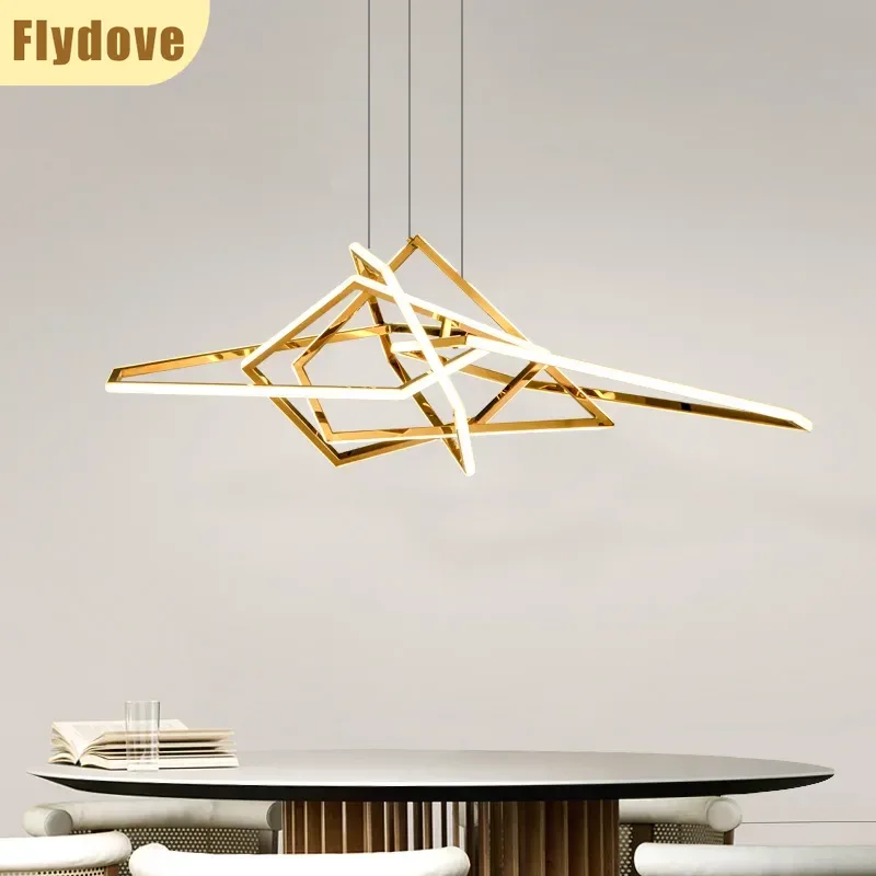 

Luxury Golden Stainless Steel Line LED Chandelier Creative Art Adjustable Light Living Room Bedroom Crystal Decor Lamp Fixture