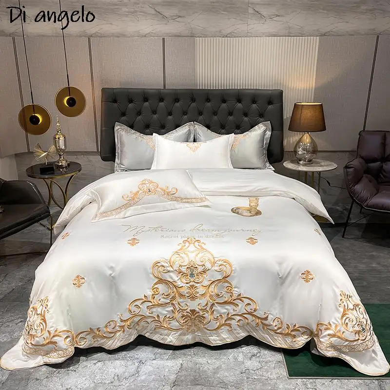 New White Luxury Exquisite Gold Royal Embroidery Soft Easy Bedding Set Duvet Cover Bed Linen Flat Sheet Pillowcases #/L