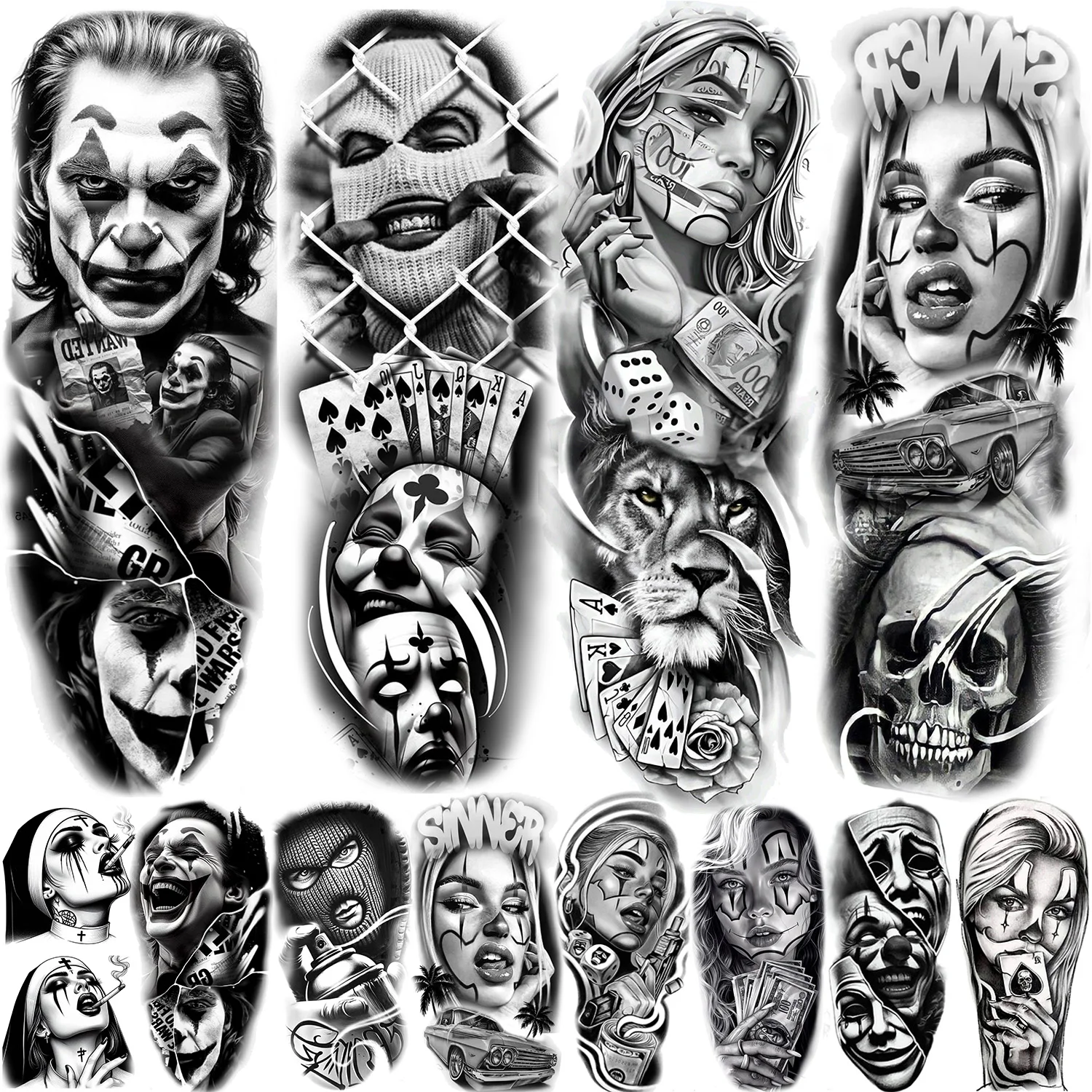 1 feuille bras complet voleur Gangster tatouages temporaires pour hommes femmes imperméable Tatoo manches réaliste mauvais gars faux tatouages autocollant