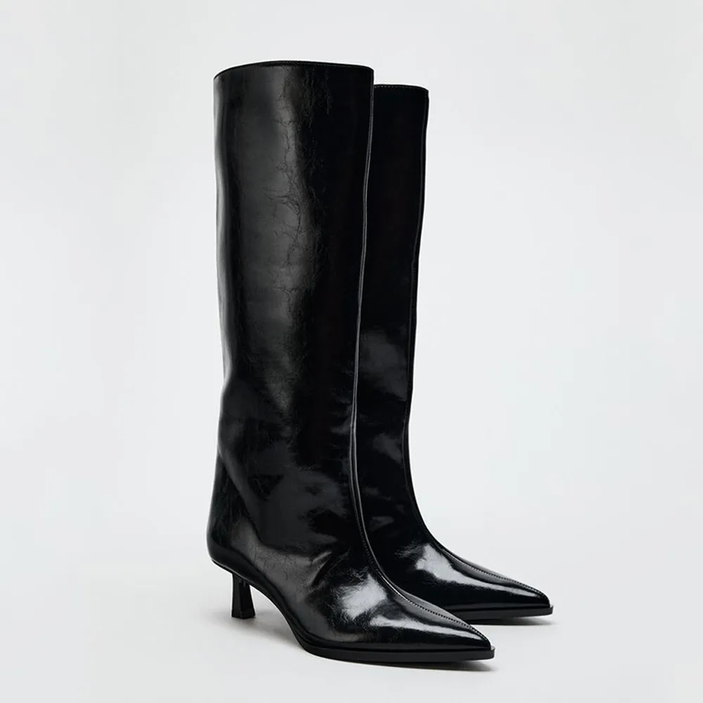 

FWRD Women's Black Leather Pointed-Toe Mid-High Boots, Slim Fit Kitten Heel, Soft Lining & Chic Look for FallWinter #FWRD000369