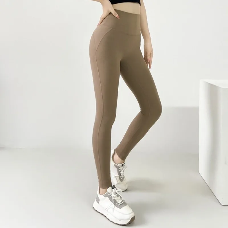 여성용 네이키드 필링 요가 팬츠 하이웨이스트 뱃살 보정 심리스 운동 러닝 레깅스 내장 라이너 퀵 피트니스 트레이닝