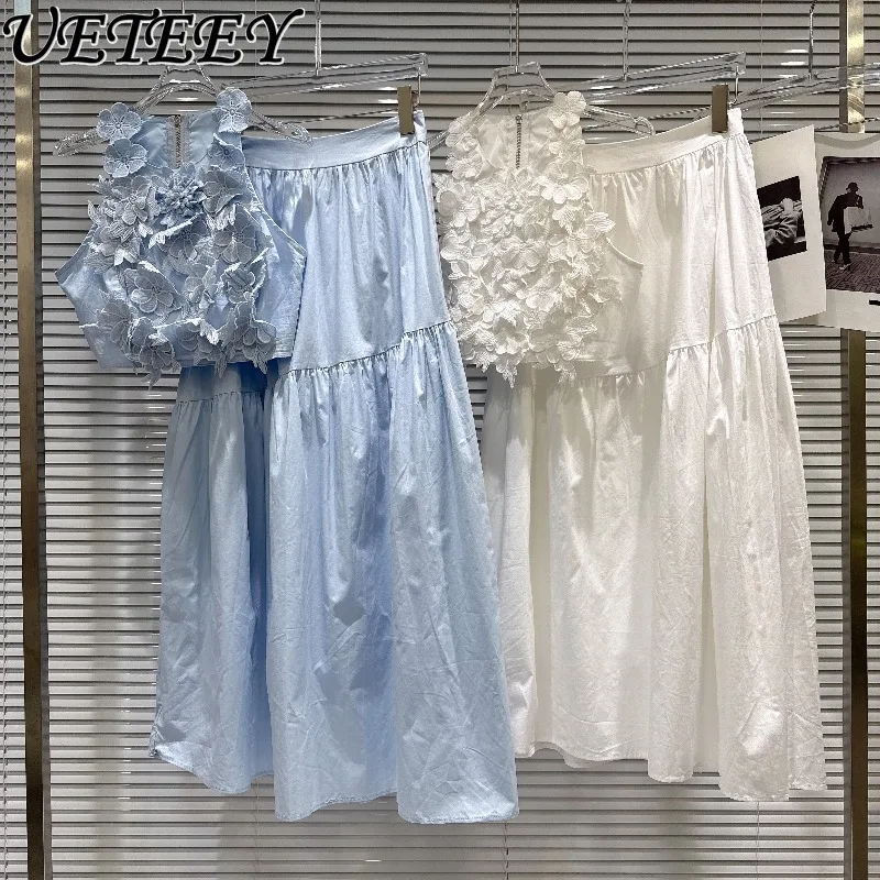 

Fashion 2026 Summer New Arrival Vacation Elegant Handmade Stereo Flower Vest and High Waist Pure Color A- Line Long Skirt Suit