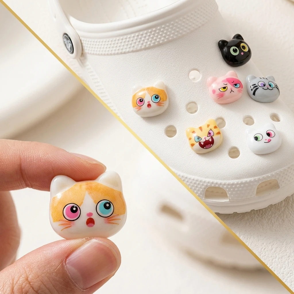 18-Pack Mixed Cute Cartoon Cat Face Resin Shoe Charms - Emoji Cat Clog Decor for Sandals & Beach Bags