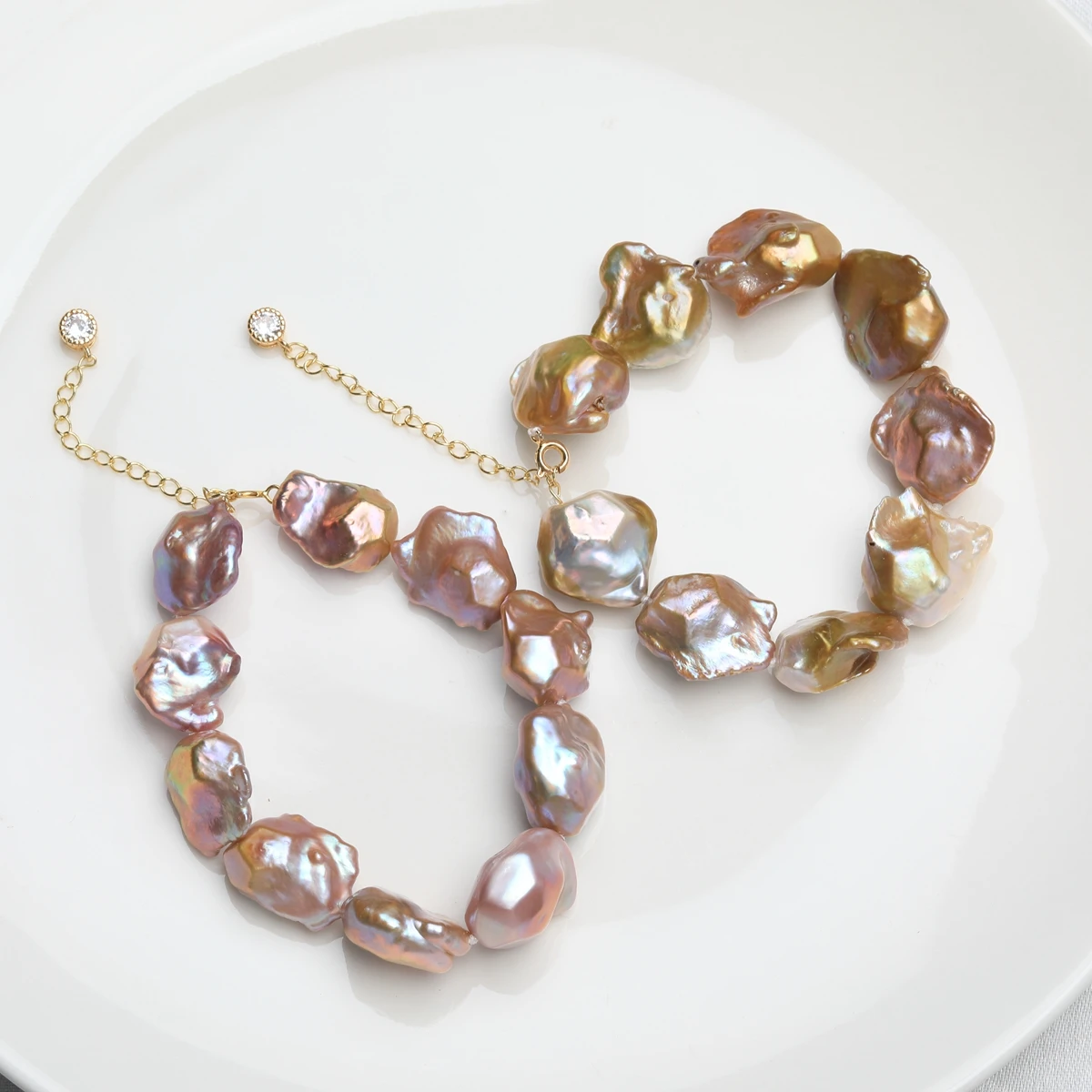 น้ําจืดAlien Pearlสร้อยข้อมือธรรมชาติสีโลหะที่มีสีสันไม่สม่ําเสมอBaroqueสร้อยข้อมือZirconแปลกเครื่องประดับ