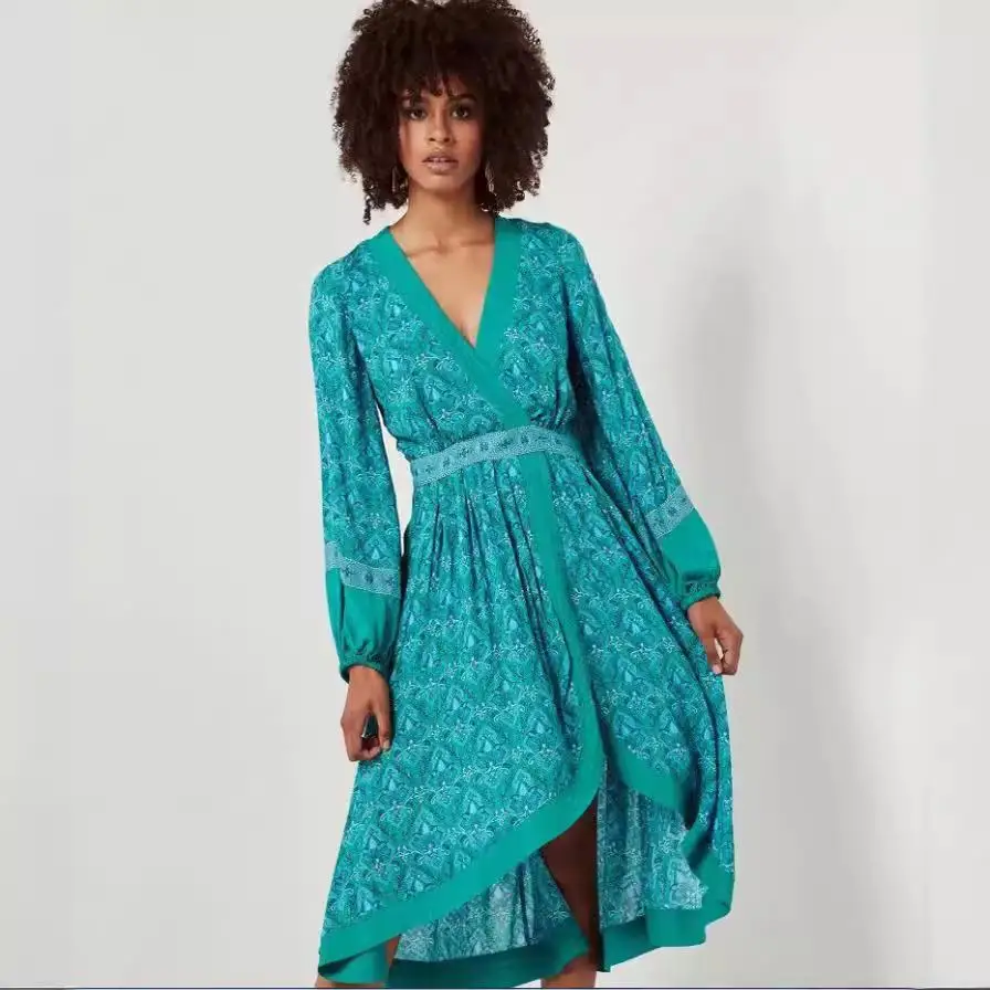 n Sle Maxi Dr Women's V-Ne Vintage Vaion Skirt Long Sve Polyester Elastic Waist Bell Bot Gown