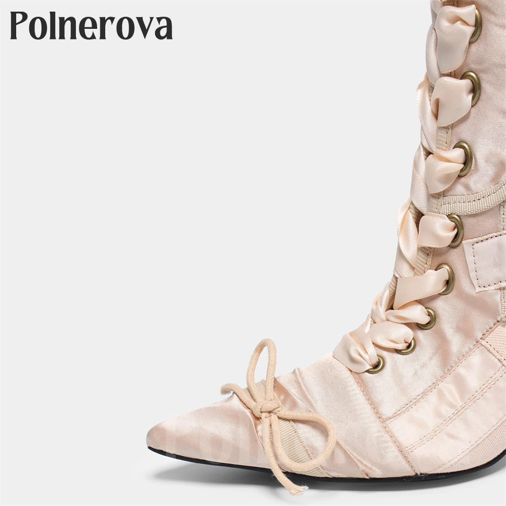 Satin Ribbons Patchwork Knee High Boots Pointed Toe Stiletto Heel Luxury Handmade Boots Cross Strap Full Length Zip Women Boots