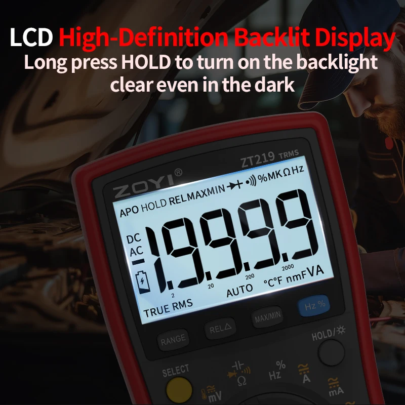 ZOYI ZT219 Digitales Multimeter 19999 Anzeigen True RMS Automotive Elektrik Transistor Kondensator NCV Tester Professionelles Messgerät – Detail 8