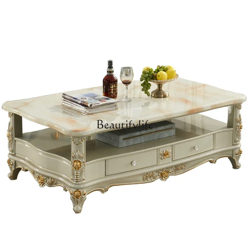 

European marble coffee table solid wood carving flower luxury rectangular gold light luxury tea table