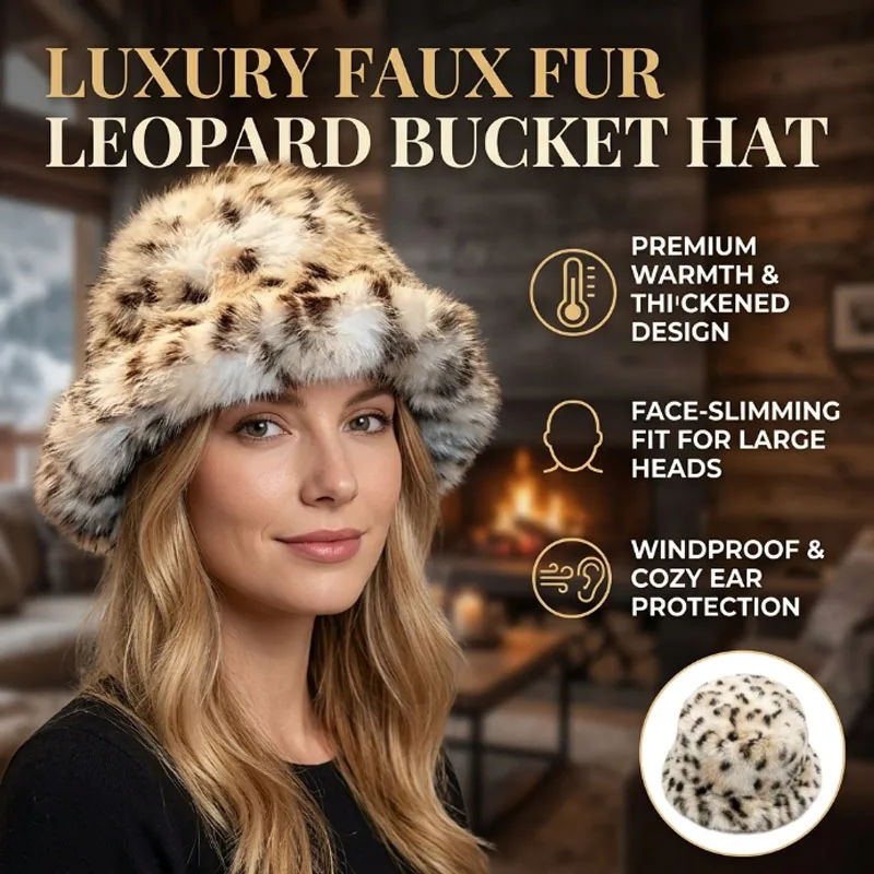 Faux Fox Fur Leopard Print Bucket Hat Autumn Winter Slimming Face Thickened Warm Ear Protection Large Head Size for Women
