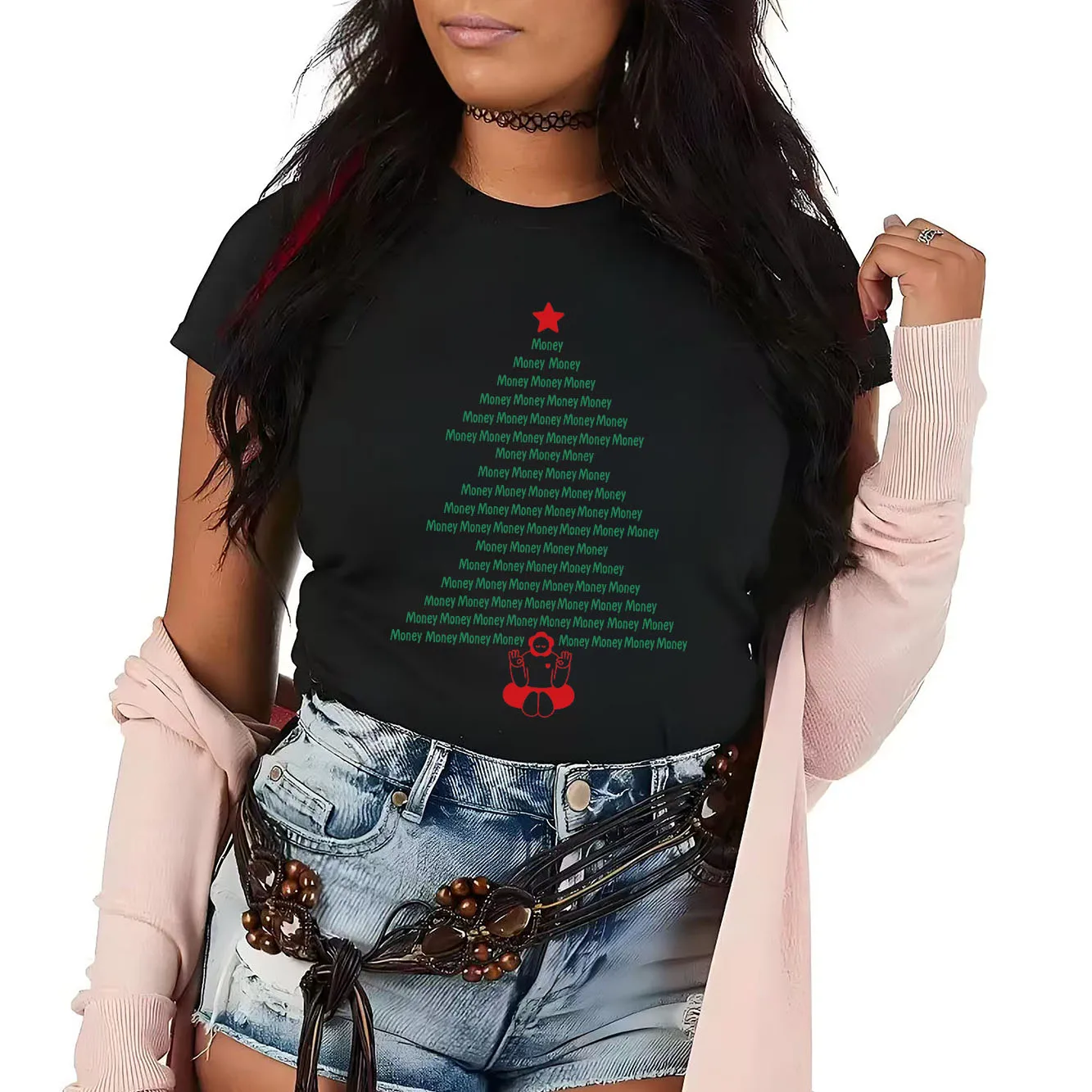 

Fashionable Christmas tree printed T-shirt with casual short sleeves suitable for daily wear in all seasons women's T-shirt