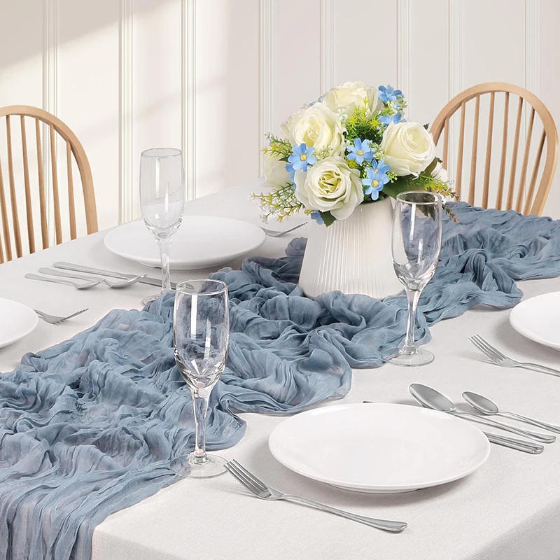 1pc Dusty Blue Boho Style Cheesecloth Table Runner Perfect for Thanksgiving Baby Shower Tablecloth Overlay Chic Home Décor image 5