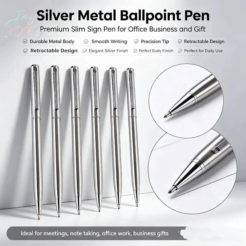 1/5/10pcs Elegant Silver Stainless Steel Ballpoint Pens Medium Nib Twist-Top Smooth Writing Durable Office Pens Set for Business