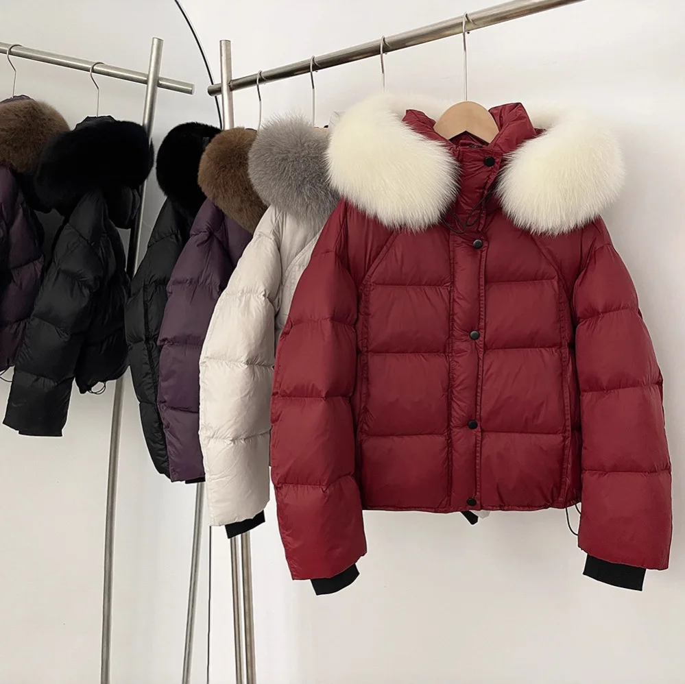 

White Duck Down Coat New Autumn Winter Real Fox Fur Hooded Parka Women Warm Fluffy Puffer Jacket Female Hooded Real Fox Fur Coat