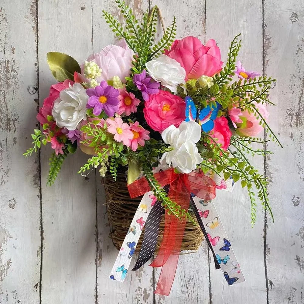Hanging Basket with Summer Floral Design for Indoor Outdoor Decor Applications Including Porch Entryway and Living Room