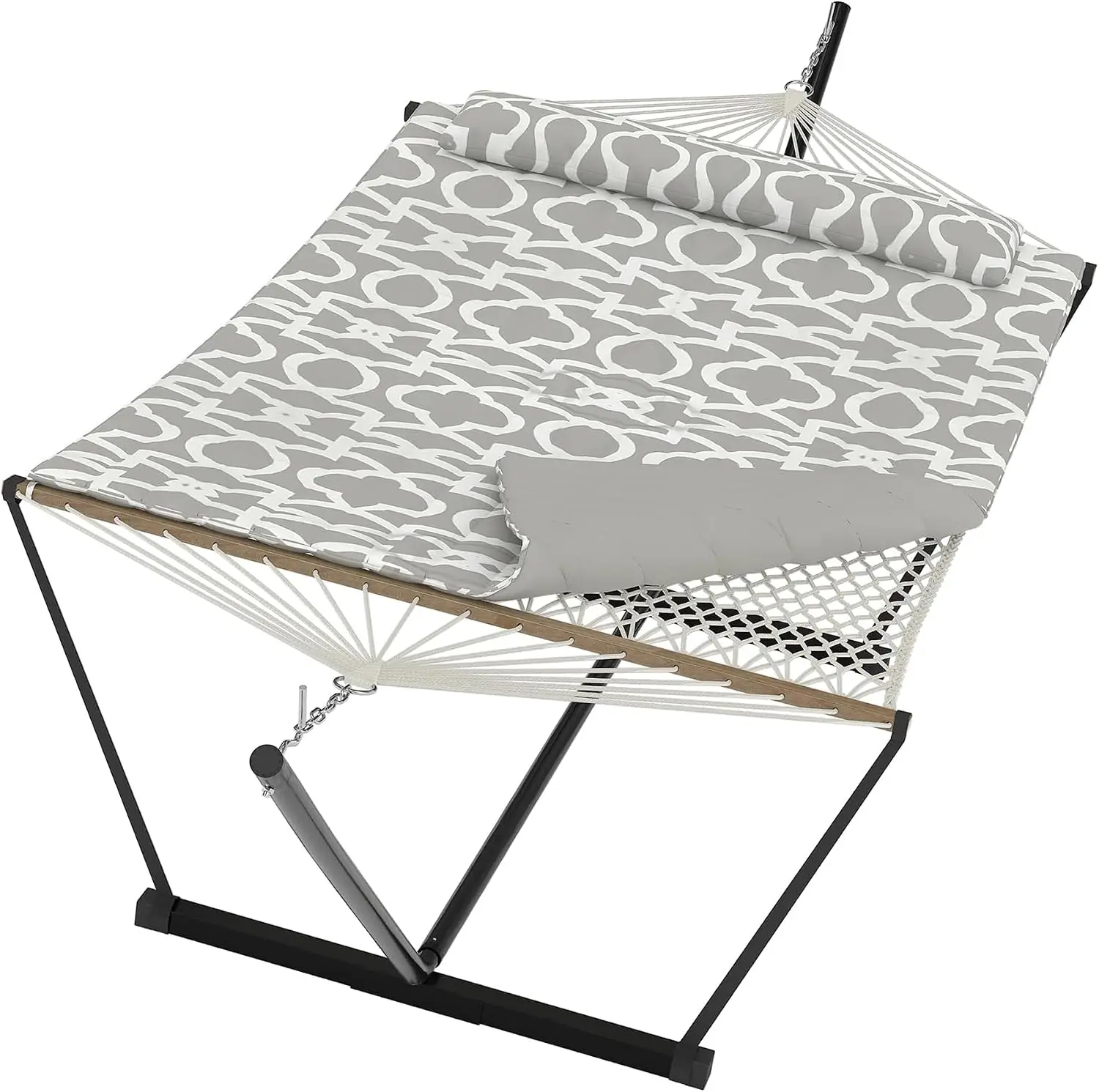 Portable Double Hammock with Stand for Outdoor Use, Includes Soft Pillow and Balance Ropes, Ideal for Patio, Garden, Backyard and Beach