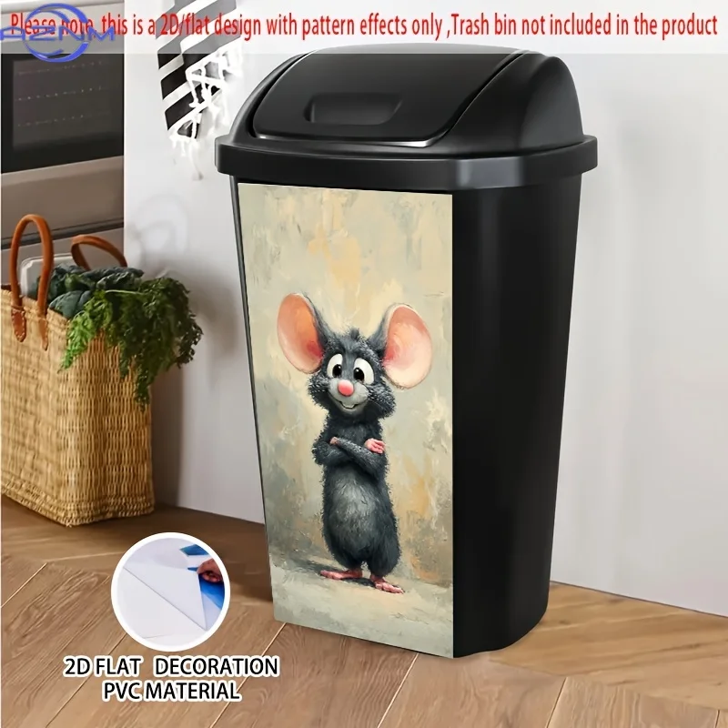 1pc 2D/FLAT, Self - Adhesive Dustbin Stickers, .01xcm, Pattern Features a Black - Furred Little Mouse Standing with Crossed Ar