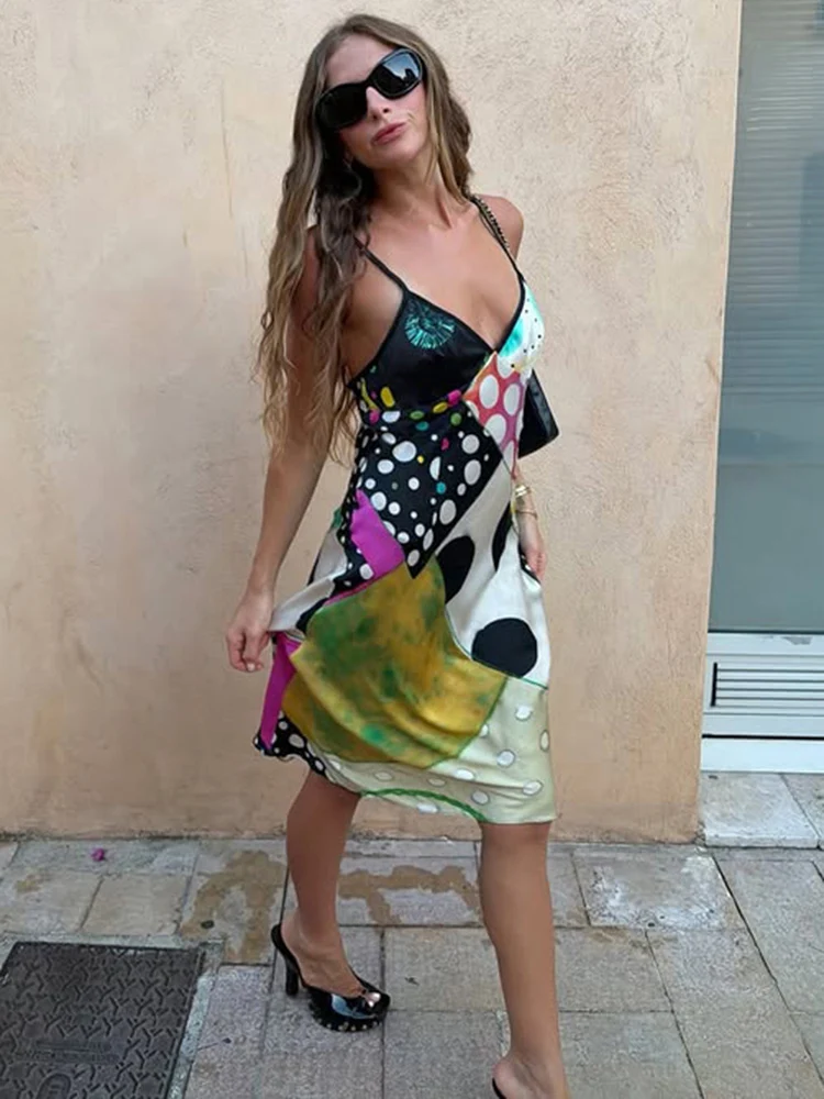 Nibber Vacation Sexy Kleid mit buntem Print für Damen, Hottie Fashion Line Patchwork, tief ausgeschnitten, ärmellos, Midnight Street Club, figurbetont – Detail 5