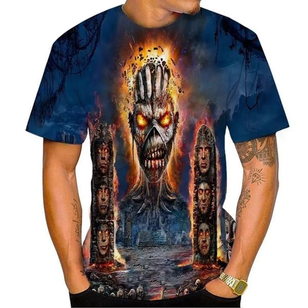 Men's Summer Fashion 3D Printed Heavy Metal Music Devil T-shirt Casual Nostalgic Design Short Sleeve Cool Personalized Top