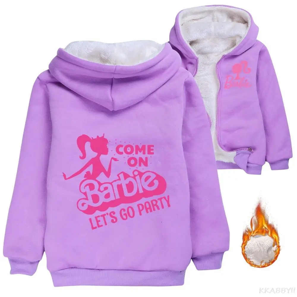 Barbie Baby Girls Cartoon Printed Children Plus Velvet Warm Boys Cotton Jacket Sweatshirt Thick Kids Clothing Jacket